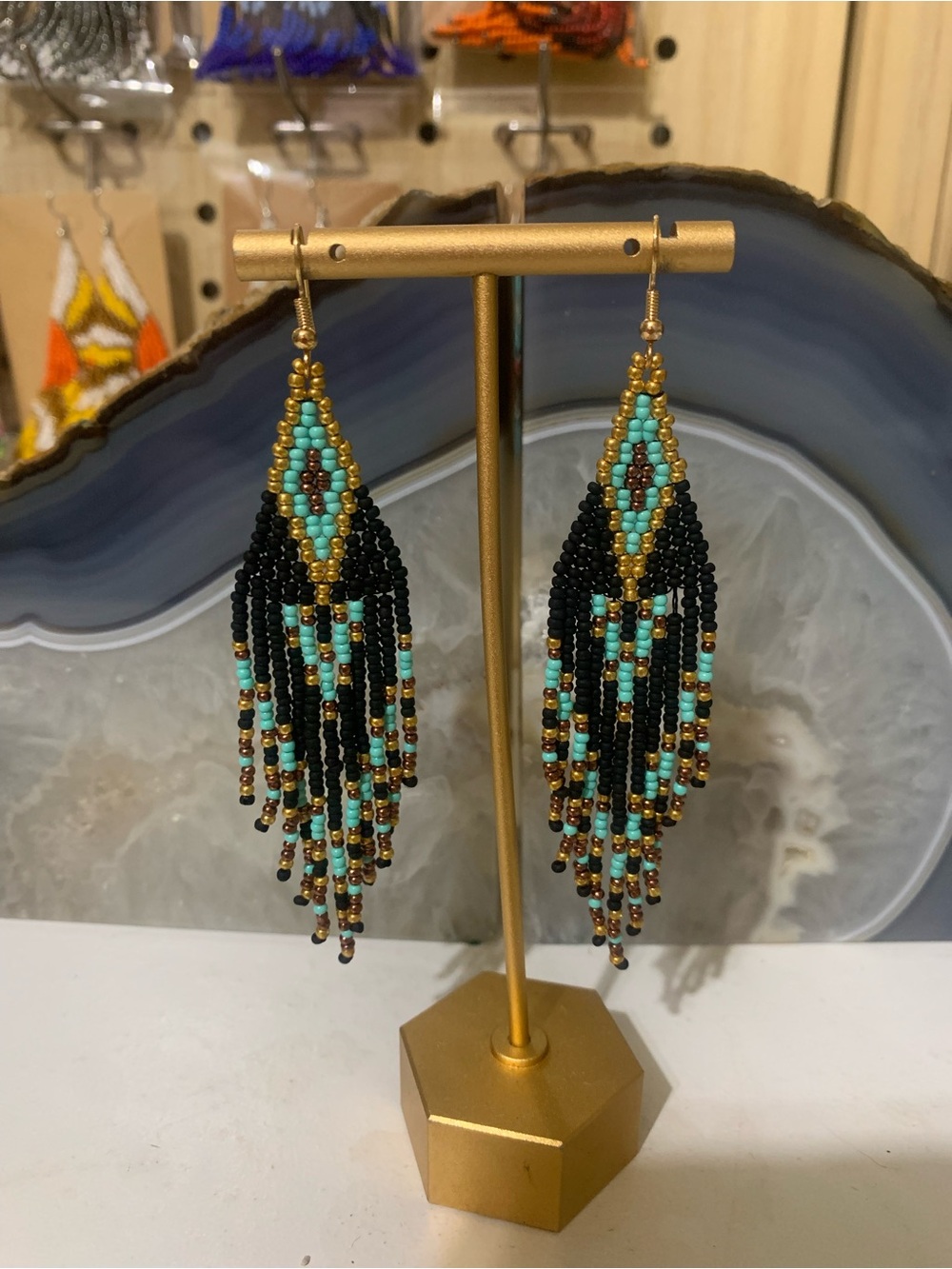 Handmade Beaded Fringe Earrings - Turquoise, Black & Gold Accents